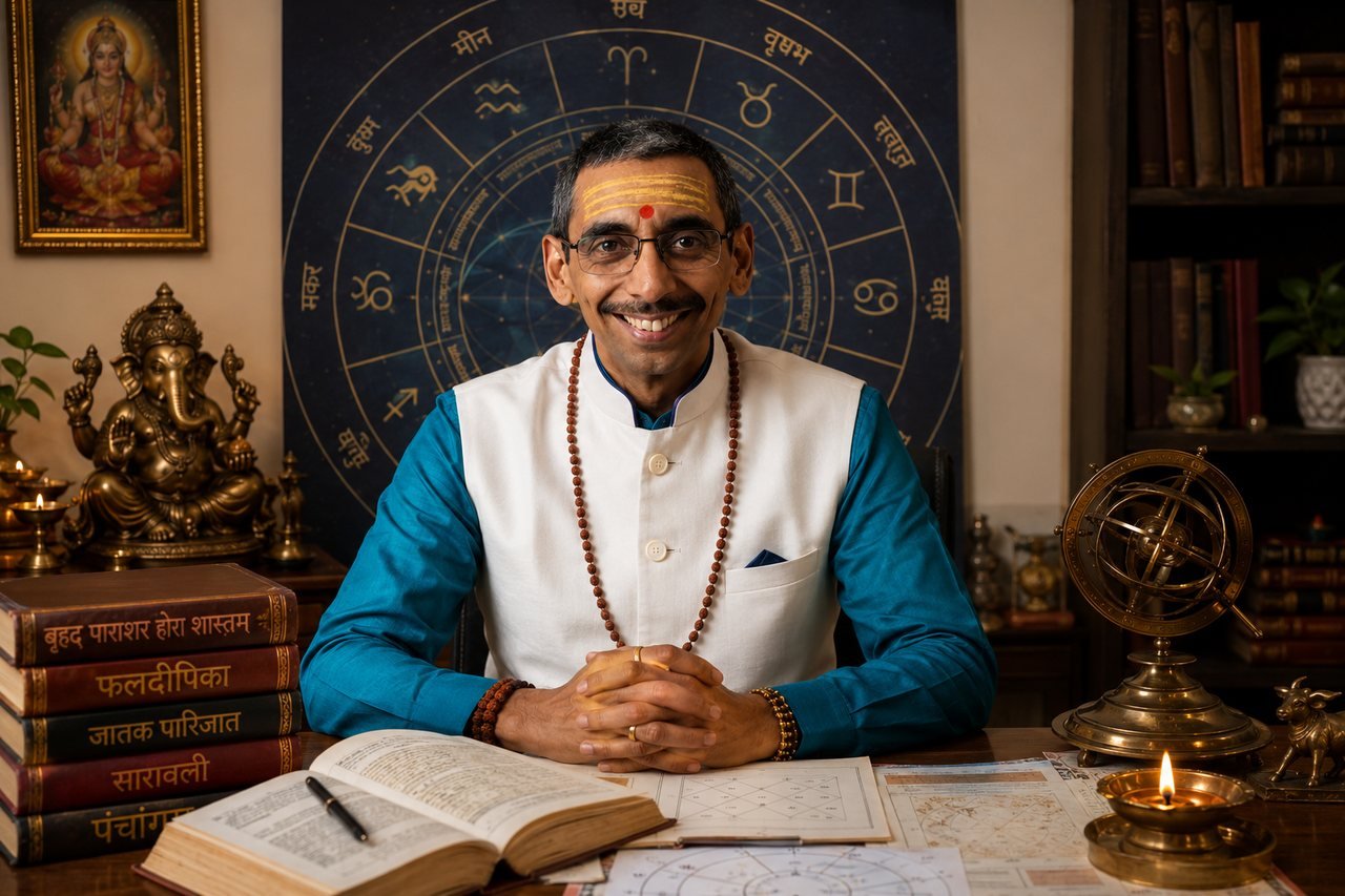 Acharya Lokesh Jagirdar apne adhyayan kaksh mein kundli vishleshan karte hue